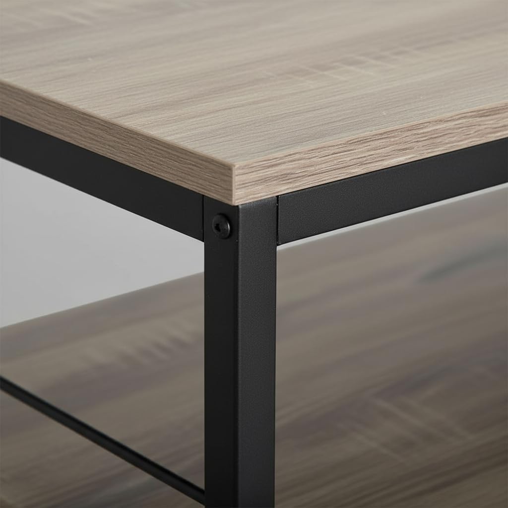 INDE MOBLEKIT | Tavolino rettangolare 80x40x38 cm con 2 ripiani, struttura in metallo nero e piano in legno opaco, tavolino laterale per soggiorno, ripiano basso o tavolino da caffè