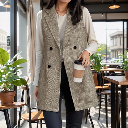 Long Vest for Women Sleeveless Tweed Blazer Casual Lapel Button Down Cardigan Jackets Business Work Office Coats3