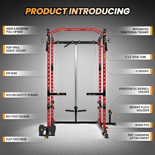 GaveeLife Power Cage, 2000 LBS Power Rack with Cable Cross-Over System, Multi-Functional Strength Training Squat Rack with LAT Pull Down System, Home Gym Equipment with Training Attachment, Red