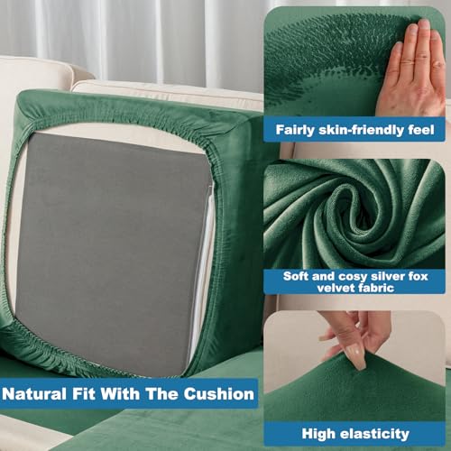 Image of Stretch Silver Fox Velvet Sectional Couch Covers - 3-Piece Sofa Cushion Covers for Left /Right L-Shaped Chaise, Soft and Comfortable Slipcovers for Sectional Sofa(2Seater+1Chaise,Christmas green)