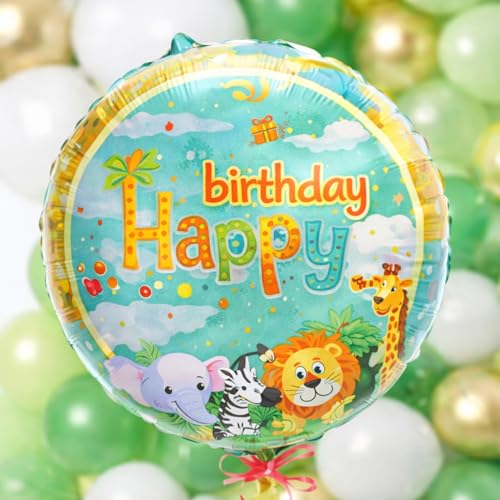 Image of Rozi Decoration Jungle Theme Birthday Decoration Kit with Balloon, Happy Birthday Cardstock Paper Banner, Cake Topper Set and Green White Gold Latex Balloons - 76 Pieces Party Decoration Set