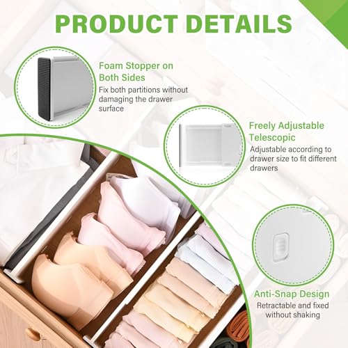 5 Pack Drawer Dividers 3.7" High Slim Organizers Expandable 14.8-25.6" Adjustable Separators for Shallow Drawers Kitchen Utensils Baby Clothes Underwear Storage-White(Long) - Image 4
