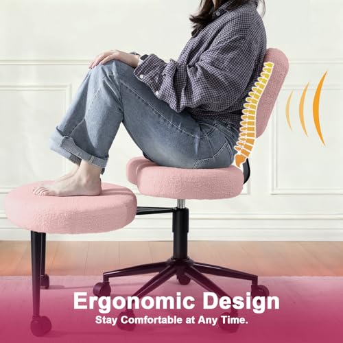Image of VITESSE Cross-Legged Ergonomic Chair 360 Swivel with Wheels, Adjustable Meditation Seat for ADHD, Lumbar Support, Teddy Fabric Home Office Chair,Pink