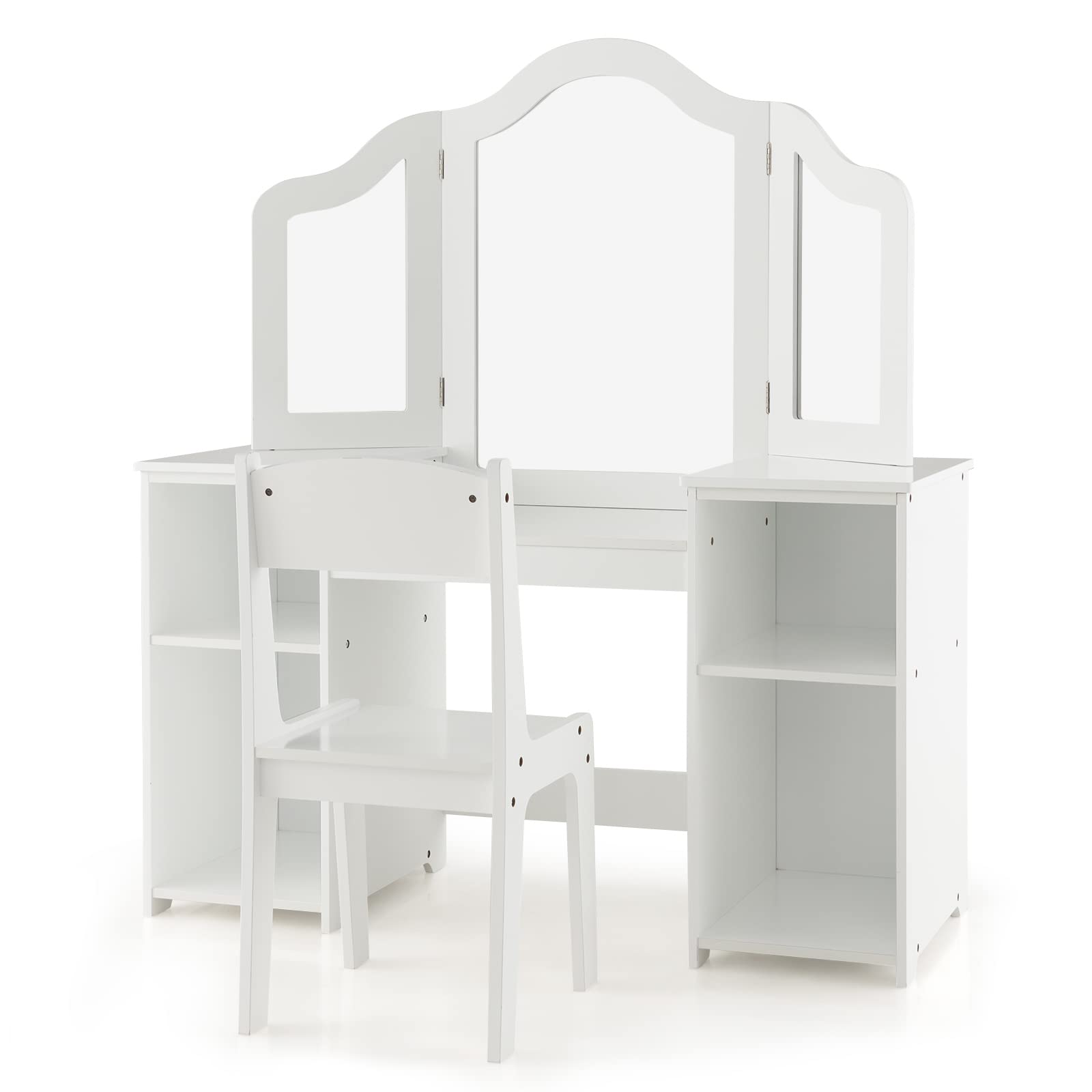 COSTWAY 2 en 1 Coiffeuse et Chaise Enfants avec Miroir Amovible à Trois Volets, Table de Maquillage Princesse avec 4 Compartiments de Stockage, 104x40x117cm pour Enfants de 3 Ans+…
