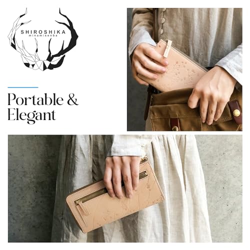 SHIROSHIKA SSA04 Women’s Long Leather Wallet Slim Bifold Wallet Tochigi Leather Genuine Leather L-shaped Zipper Elegant Floral Pattern Pink Beige Made in Japan, (Beige)2