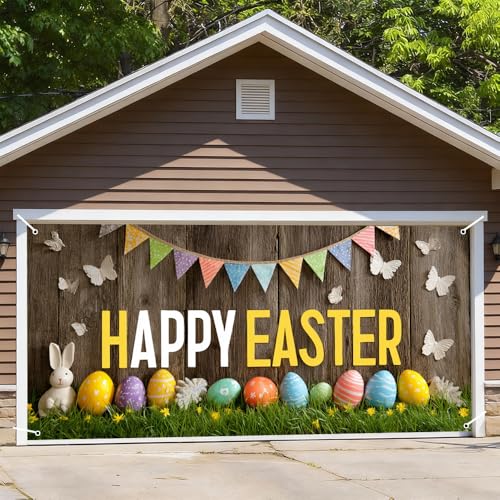 Image of Easter Garage Door Cover 157.48 x 70.87 Inch Rustic Wood Background Colorful Eggs Bunting Flags Happy Easter Text Vibrant Outdoor Decor Spring Celebration Family Party Garage Display