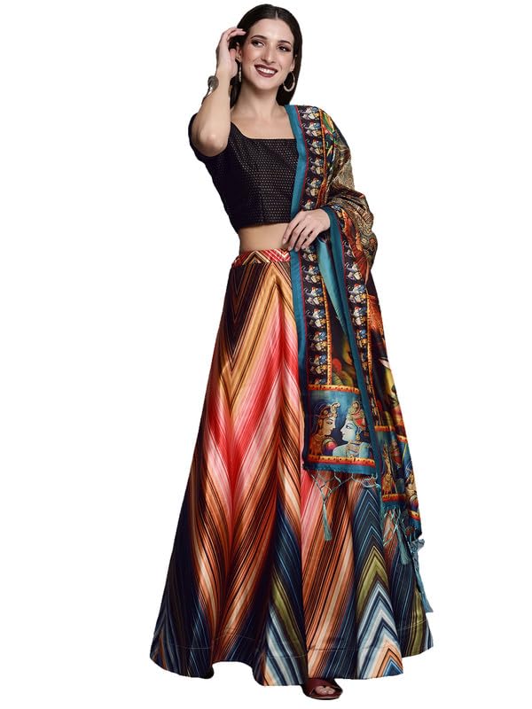 kaizen texo fab Satin Silk Printed Lehenga Choli Set for Women – Semi-Stitched Wedding, Haldi & Bridal Wear – Includes Unstitched Blouse & Printed Dupatta (New Lehenga)-picture-36
