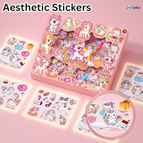 Image of FunBlast Unicorn Theme PET Stickers, Kawaii Sticker - 100 Sheets; 500+ Pcs Aesthetic Sticker, Japanese Style Craft Stickers, Self-Adhesive Sticker's Set - Multicolor (G)