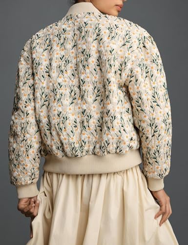 Women’s Floral Bomber Jacket Cropped Zipper Down Long Sleeve Daisy Padded Coat Outwear with Pockets2