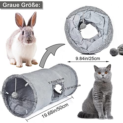 Faltbar Katzentunnel Katzenspielzeug mit Ball Spieltunnel Knisternder Rascheltunnel Aus Wildleder für Alle Katzen Kaninchen Welpen und Kleine Tiere,Mit Hängendem Lustiger Katzenstock(Grau)