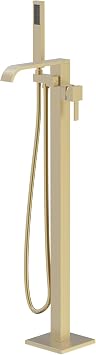 HEATGENE Freestanding Tub Filler Floor Mount Bathtub Faucet with Handheld Shower, Waterfall Spout, Single Handle Modern Square Bath Faucet for Freestanding Soaking Tub, Brushed Gold