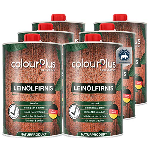 colourPlus®️ biologisches Leinölfirnis (6x1L, seidenglänzend) schützendes Holz ÖL für Innen und Außen - pflegendes Holzöl aussen - Made in Germany