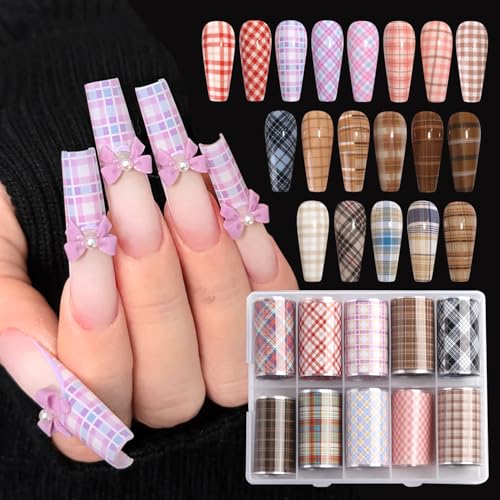 10 Rolls Plaid Nail Art Foil Transfer Sticker Decals Colorful Checked Pattern Nail Foils Geometric Lines Swirls Starry Sky Paper Manicure Wraps Accessories for DIY Nails Decoration