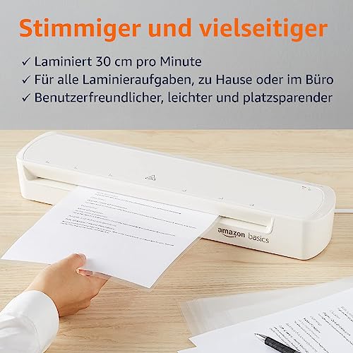 Amazon Basics Thermo-Laminiergerät, DIN A3-Format, inklusive 20 x Laminierhüllen, Weiß