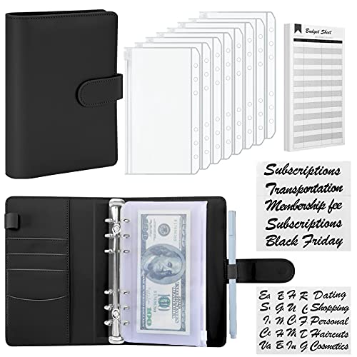 Sooez A6 PU Leather Binder Budget Planner Organizer 6 Ring Binder Cover, 8Pcs Binder Pockets, 24Pcs Expense Budget Sheets & 8Pcs 34 Categories Sticker Labels, Money Saving Binder for Budgeting, Black