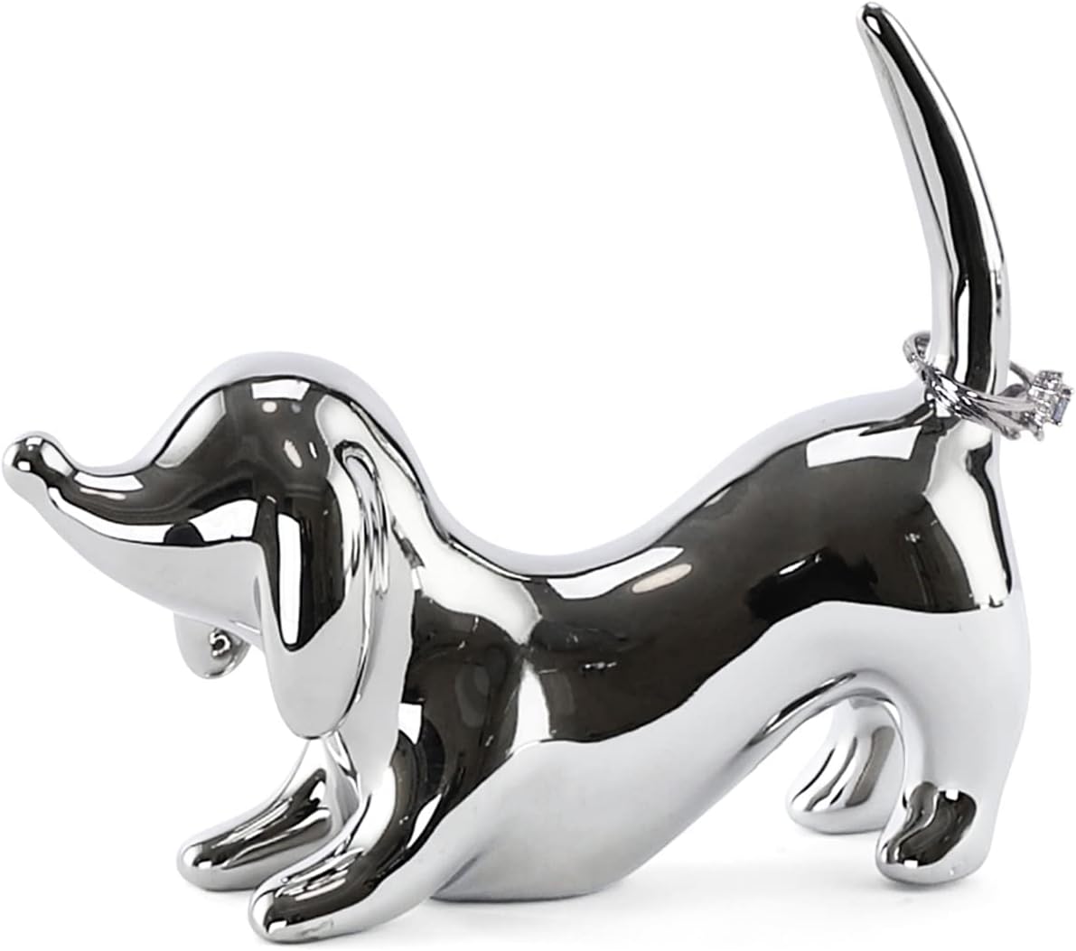 HOME SMILE Ceramic Dog Ring Holder - Silver Jewelry Organizer With Flower Tray