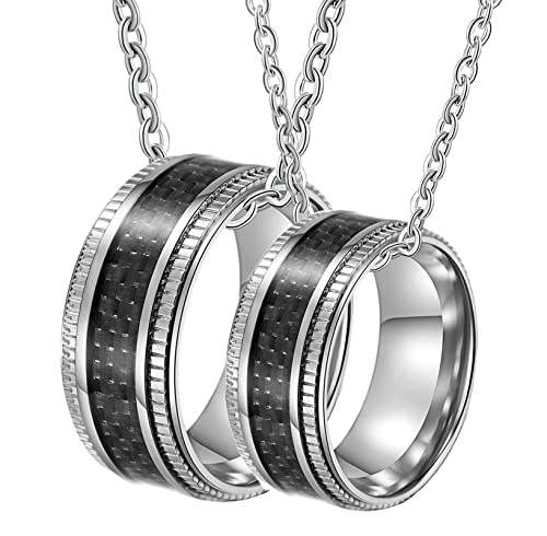 Ayoiow Collar de pareja para hombre, collar de acero y anillo de plata de 9 5 mm con fibra de carbono negra incrustada, collar colgante mujer