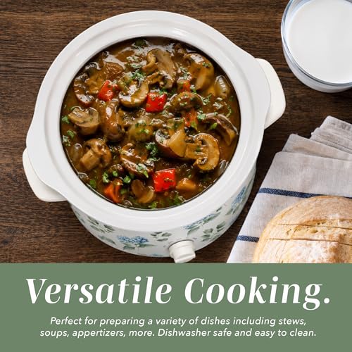 Image of COOK WITH COLOR 2QT Mini Electric Round Slow Cooker - Adjustable Settings, Removable Stoneware Pot, Tempered Glass Lid, Dishwasher Safe, Cool-Touch Side Handles, Floral Blue /Green