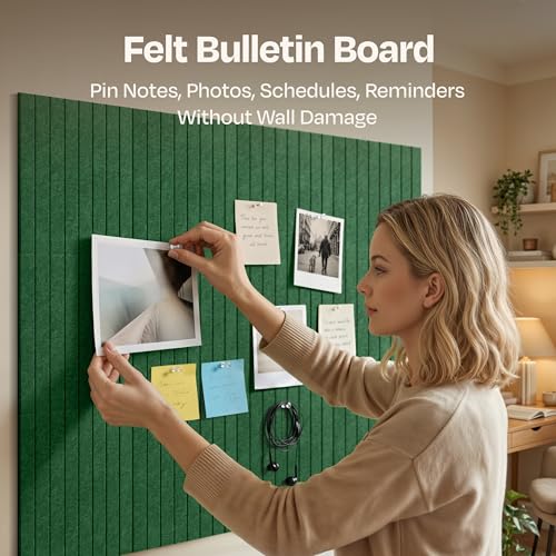Image of X-Large Cork Board Alternative 12-Pack Felt Bulletin Board Thick and Decorative Pin Board for Home Office Walls 47.24 x 35.43 Inches with 72 Adhesive Tabs - [Dark Green]