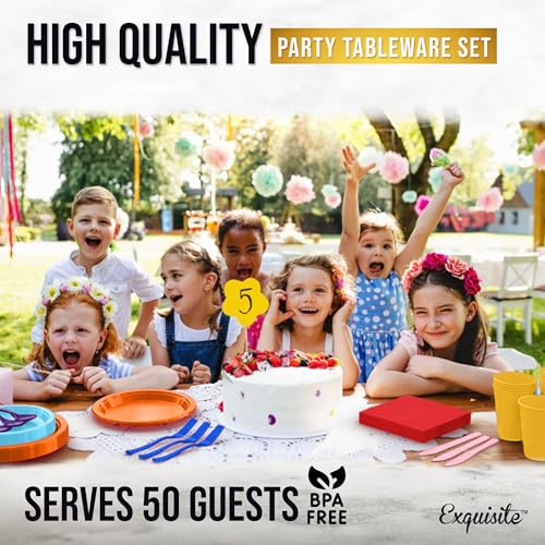 Image of Exquisite 350 Pcs Rainbow Plates and Napkins Party Supplies Plate Sets | Sturdy Plastic Dinnerware Set With 9 inch & 7 inch Plates, 12 Oz Cups, Lunch Napkins and Cutlery Serves 50 for Birthdays & Everyday