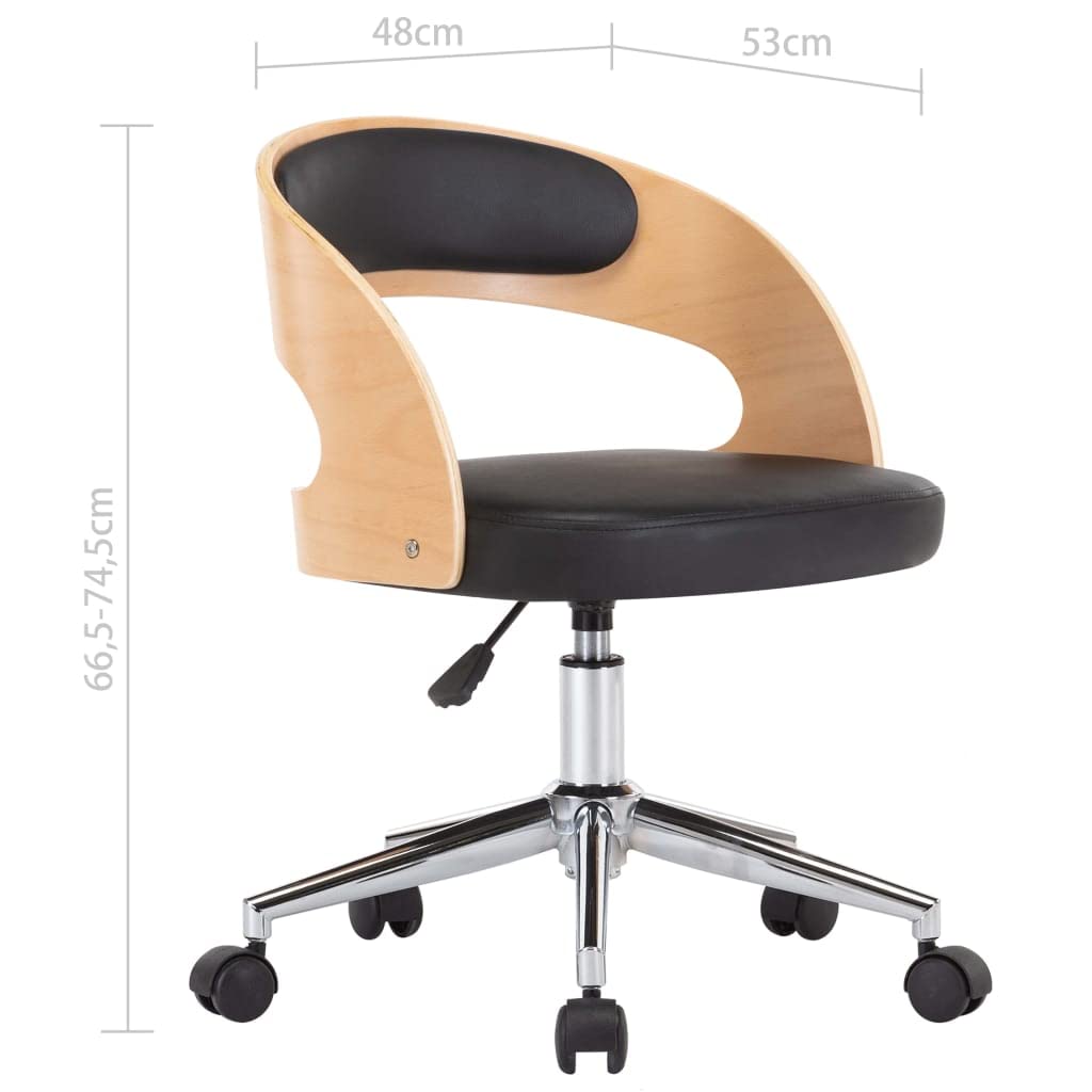 Krzesło do jadalni obrotowe, czarne, z ramą z drewna łukowego i obiciem ze sztucznej skóry, ergonomiczne oparcie, kółka z tworzywa sztucznego, 48 x 53 x 66,5 – 74,5 cm, łatwe w pielęgnacji