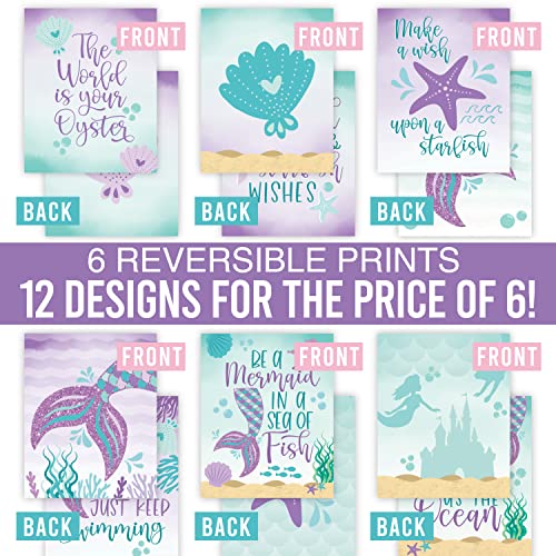 Image of Hadley Designs 6 Mermaid Room Decor for Girls - Mermaid Wall Art for Bedroom and Bathroom, Reversible Unframed Under the Sea Prints for Girls Bedroom, Kids Room Decor Posters, Made in USA