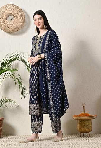 Image of Amazon Brand - Tavasya Women Rayon Straight Kurta Pant Dupatta Set | Embroidered Ethnic Suit Set | Regular Fit Kurta with Pant & Dupatta