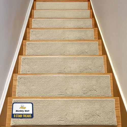 Muddy Mat® Pack of 8 - Soft Chenille Stair Treads Non-Slip Reusable, Super Absorbent Stair Treads for Wooden Steps, Tile & Marble Floor, Easy to Install & Machine Washable - Beige 30'' x 7''