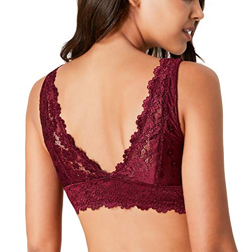 Rolewpy Floral Lace Bralette for Women, Zipper Wireless Bra Lingerie with Removable Padded Halter Crop Top (Burgandy, XL (40B 40C 40D))