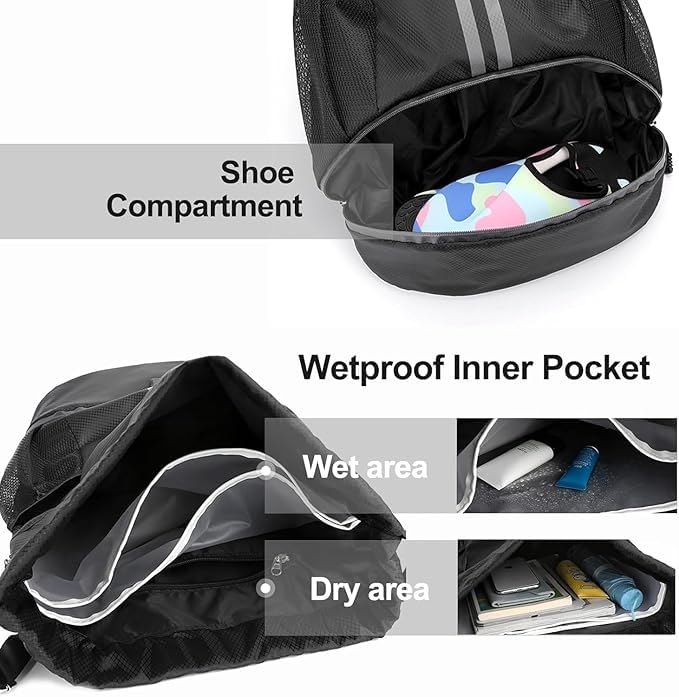 Image of Basketball Drawstring Bag with Shoe Compartment - Large Capacity Fitness Backpack for Gym, Football, Outdoor Sports - Water-Resistant Fabric, Black