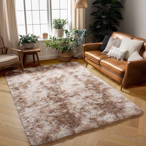 Amdrebio Tie-Dyed Beige Area Rugs for Bedroom Kids Room, 5x7 Cute Fluffy Plush Shaggy Rug for Living Room Decor Aesthetic, Soft Furry Fuzzy Neutral Tan Carpet for Baby Nursery Playroom Preppy Dorm
