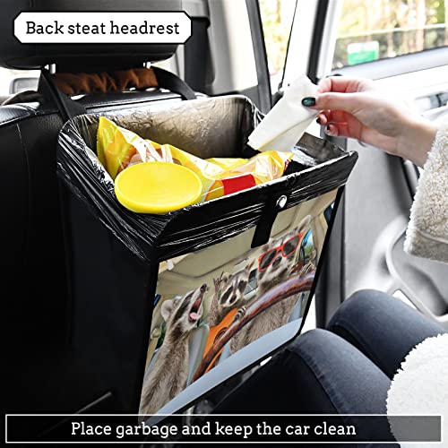 Image of Funny Raccoon Driving Car Trash Can Animal Foldable Hanging Car Trash Bag Bin Auto Garbage Can Leak-Proof Car Organizer(Large)