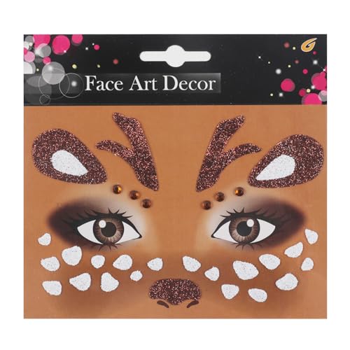 Deer Face Stickers Halloween Face Tattoo for Women Men with Rhinestone Self Adhesive Glitter Stickers Cute Animal Face Tattoos Eyes Body Makeup Party Cosplay Supplies(Deer)