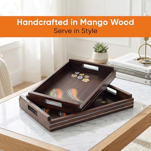 Image of AAKRITI ART CREATIONS Blooming Leaves Serving Trays | Floral Art | Brown Wooden Tray Set of 2 | Glossy Finish Serving Trays | Tray for Dining Table & Kitchen