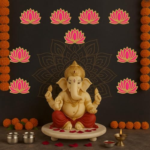 Image of ARLICORPING Wooden Lotus Wall Hanging for Festive Decoration - Diwali, Ganpati, Pooja Room, Mandir, Living Room, Door, Hall, Entrance, Spiritual Decor (Lotus - Pink, Pack of 6)