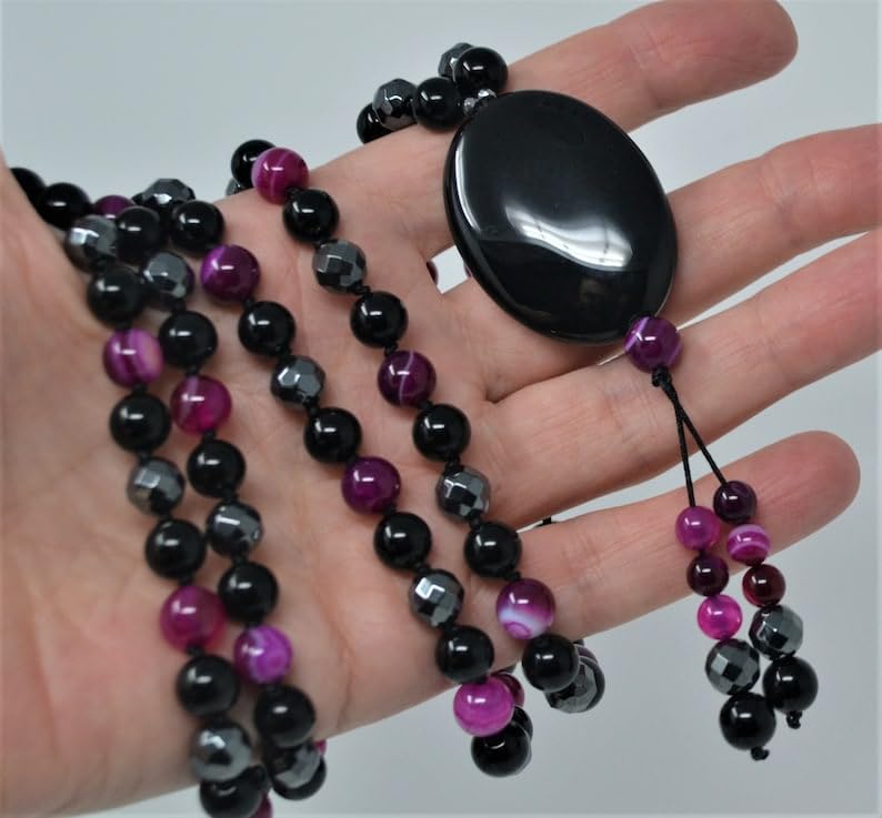 Naturalny onyks, agat, hematyt, 8 mm-7 x 3 mm, 108 koralików mala, duchowe, koraliki medytacyjne, Reiki, Japa Mala, buddyjskie koraliki modlitewne, bransoletka do jogi, koraliki lecznicze