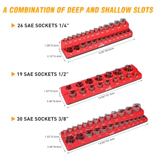 Image of GOOACC 3 PCS Magnetic Socket Organizer Set, Heavy Duty Socket Organizer Tray 1 /4 inch 3 /8 inch 1 /2 Inch SAE Impact Drive Sockets Holds 68, Magnetic Socket Holder for Tool Box Drawer Chest Garage Storage, Red
