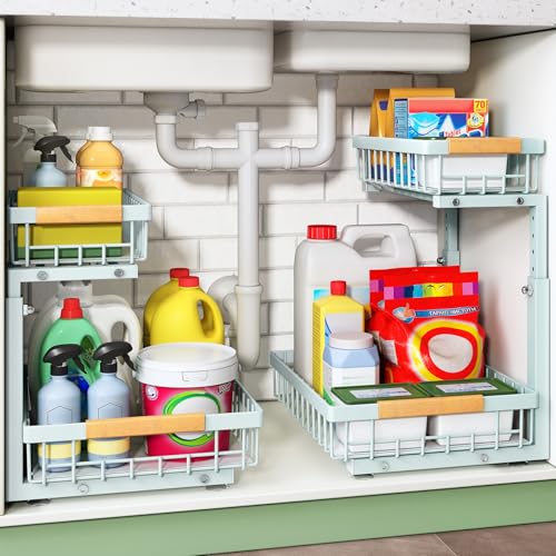 Image of Kitstorack Under Sink Organizer, 2 Tier Under the Sink Storage, Slide out Pull out Cabinet Organizer Shelf, Metal Sliding Drawer for Kitchen Bathroom Pantry Closet Organization Rack, Blue, 2 Pack