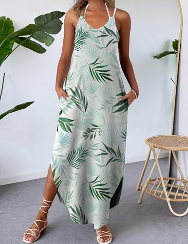 Image of Zeagoo Women's Casual Sundress Summer Maxi Sleeveless V Neck Split Boho Beach Dress Travel Vacation Dress with Pockets