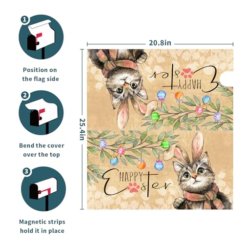 Image of Easter Cat Magnetic Mailbox Cover 25.5x21 Inch Cute Kitten with Bunny Ear Egg Hunt Mailbox Wrap Post Cover Large Size for Garden Yard Outdoor Outside Patio Holiday Waterproof Decor