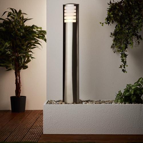 Lightbox zeitlose Außen Pollerlampe für den Garten - moderne Outdoor Wegeleuchte mit 1 m Höhe - spritzwassergeschützt (IP44) - E27, max. 40 W - aus Edelstahl/Kunststoff - in EdelStahl
