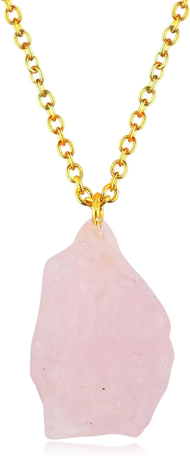 TGH Natural Raw Gemstone Pendant Necklace - Handmade Crystal Stone Jewelry for Women - 16+2 Inch Gold Plated Brass Chain - AAA Grade