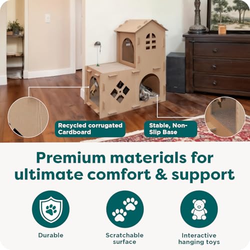 Image of Furhaven Pet Furniture for Cats and Kittens - Tiger Tough Farmhouse Corrugated Cat Scratcher Playhouse Apartment with Catnip, Cardboard (Brown), One Size
