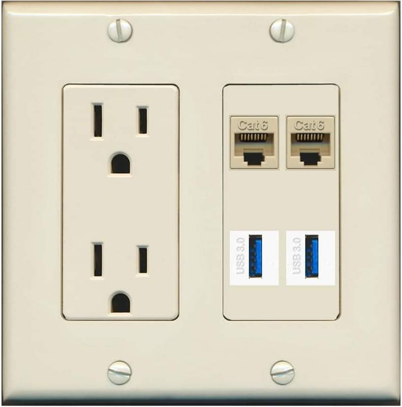 RiteAV 2 Port Cat6 2 USB3 Wall Plate - Outlet [Stainless/Gray]