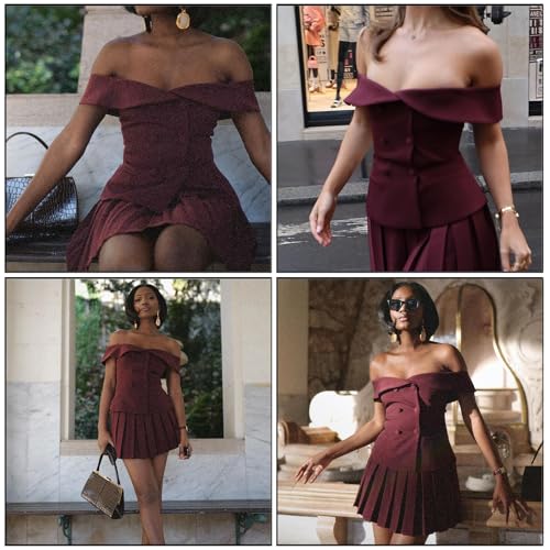 Womens 2 Piece Summer Outfits Button Down V Neck Sleeveless Blazer Vest Top A-Line Pleated Mini Skirt Set4