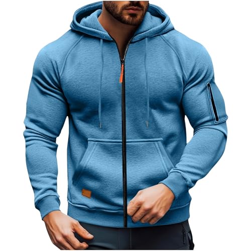 Men's Zip up Hoodies Casual Cargo Military Jacket Full Zip Hooded Sweatshirt Long Sleeve Plain Gym Tactical Sweatshirts Outdoor Sport Hoodie with Pockets Sky Blue Work Sweatshirts for Men Uk 3XL