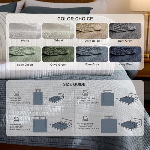 Image of palassio Striped Blue Grey 100% Cotton Quilt Twin Size Bedding Sets, Lightweight Crinkly Channel Pick Stitch Textured Bedspread Soft Shabby Chic Farmhouse Country Coverlet for All Season, 1 Sham