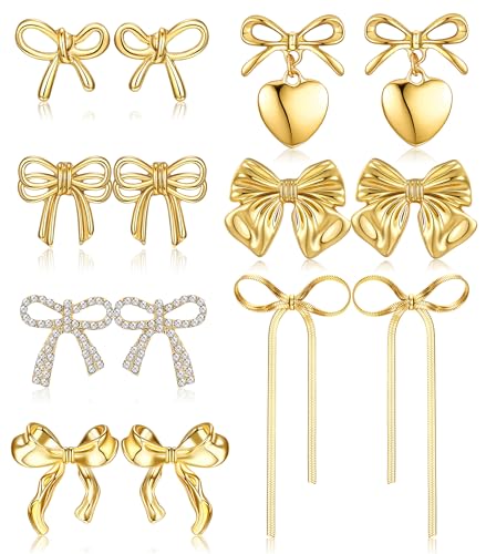 THUNARAZ Bow Clip on Earrings for Women Girls 14K Gold Plated Statement Earrings Clips Non Piercing Ribbon Long Dangle Drop Tassel Clip-on Earrings Sparkly Jewelry Gift Set