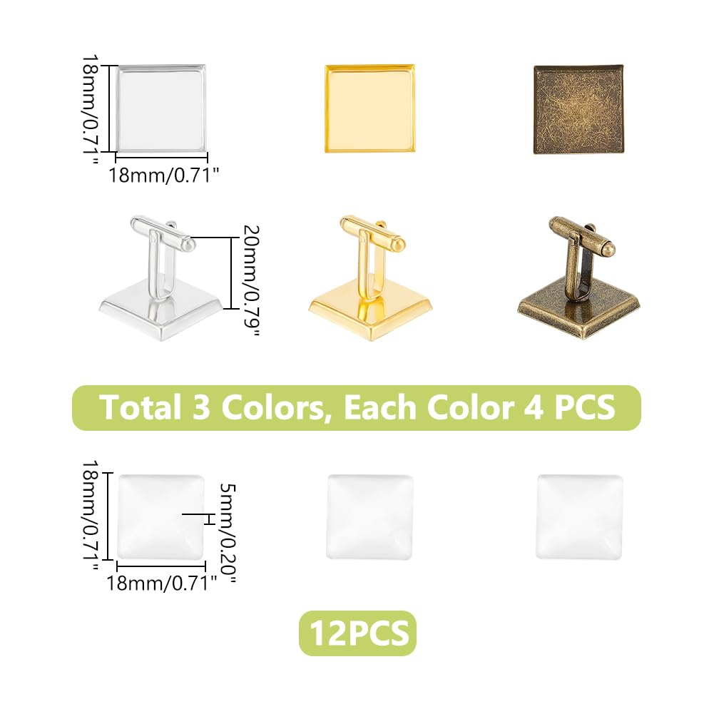 UNICRAFTALE 3 Colors 12 Sets Square Blank Cufflinks DIY Blank Square Brass Cufflinks Making Kit Golden Cabochon Cufflink Settings Square Cuff Button for Men Jewelry Making DIY Crafts - Image 3