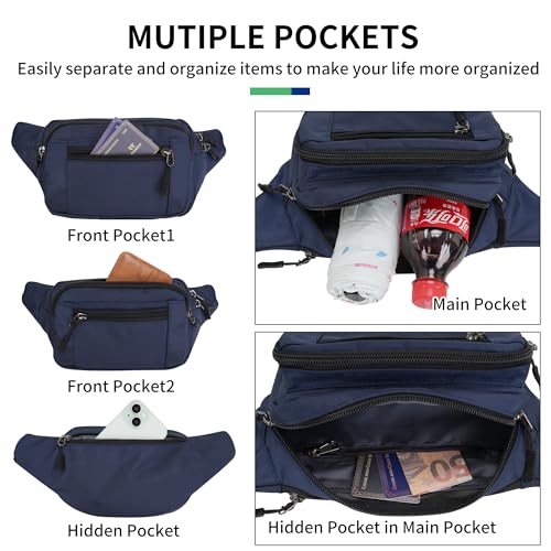 Bumbag torba biodrowa dla kobiet i mężczyzn wodoodporna nerka do biegania regulowana torba na nerkę z wieloma kieszeniami na podróż piesze wędrówki pies spacery na rowerze kemping, Ciemnoniebieski